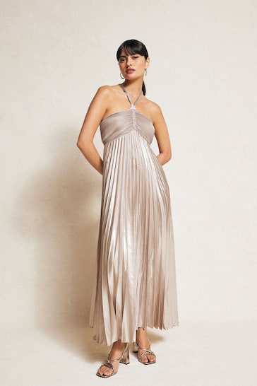 Mango Silver Pleated Halter Neck Dress