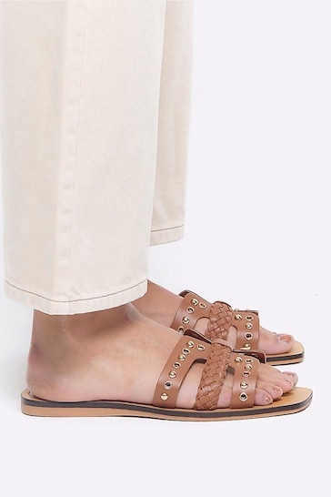River Island Brown Leather Studded Flat Sandals