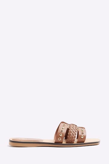 River Island Brown Leather Studded Flat Sandals