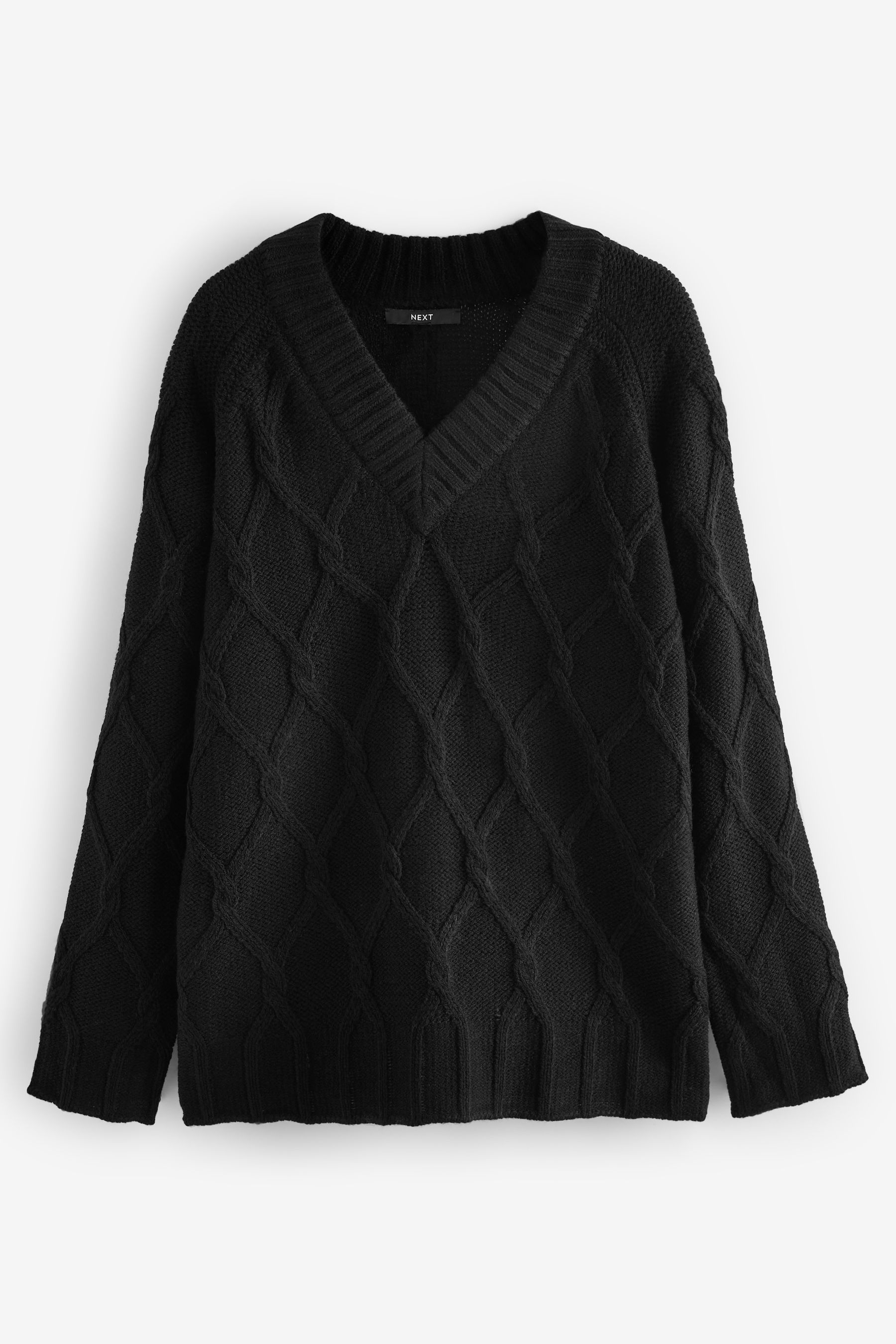Black Cable Knitted V Neck Tunic Jumper with Wool