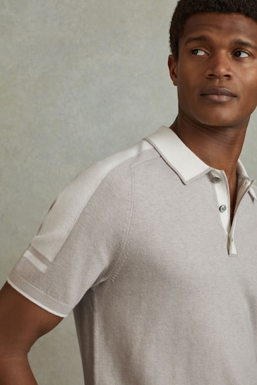 Reiss Oatmeal Off White Brunswick Wool-Cotton Contrast eyewear Polo Shirt