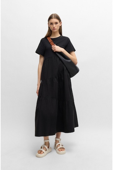 BOSS Black Cotton-Jersey Dress With Asymmetric-Tiered Skirt