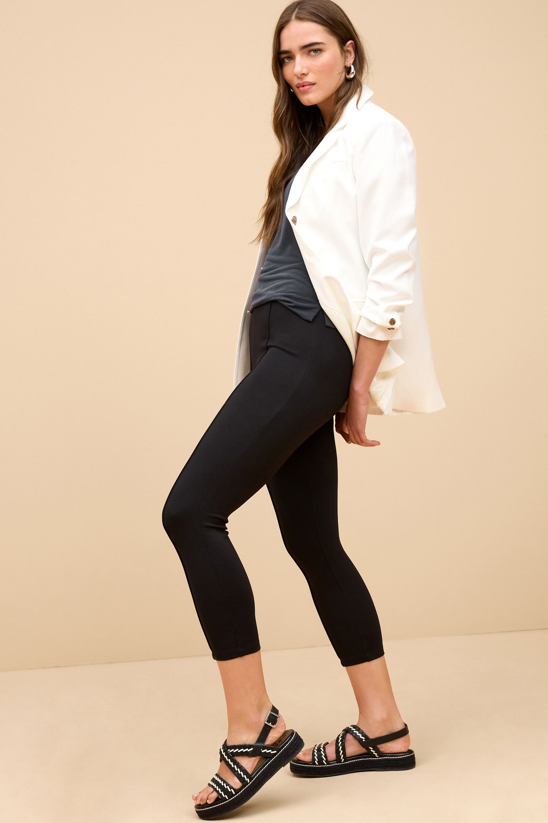 Buy Black High Waist Seam Detail Three Quarter Length Stretch Capri Leggings from the Next UK online shop