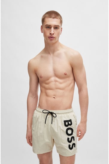 BOSS White Vertical-Logo-Print Swim Shorts In Quick-Dry Poplin
