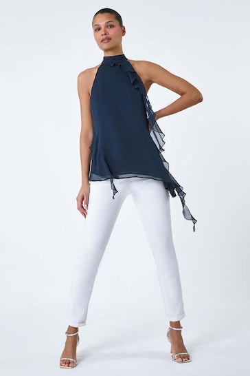 Roman Blue Halterneck Asymmetric Frill Detail Top