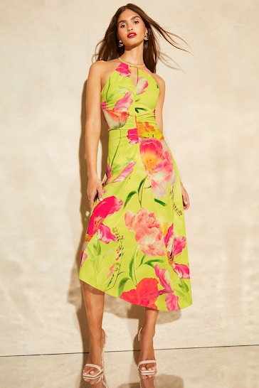 Lipsy Green Floral Halter Ruched Front Midi Dress