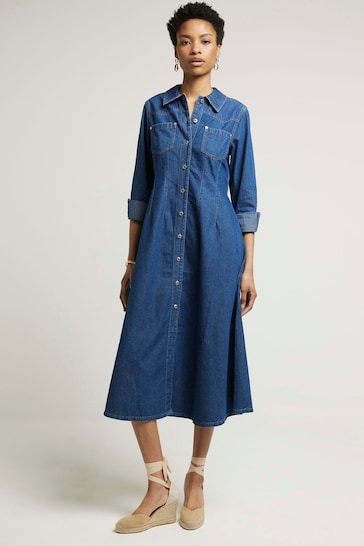 River Island Blue Denim Fitted Midi Shirt Dress
