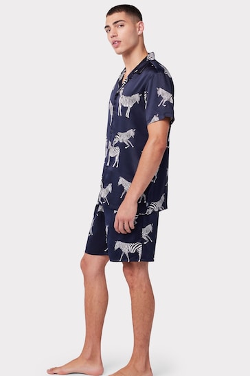 Chelsea Peers Blue Mens Satin Navy Zebra Print Short Pyjama Set