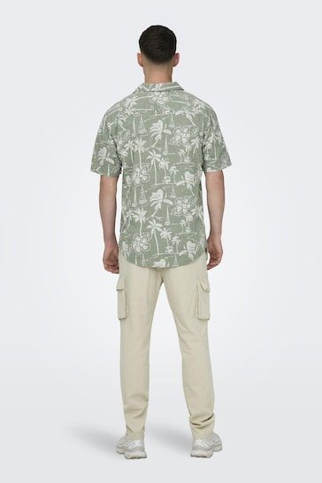 Only & Sons Green Printed Linen Resort Shirt
