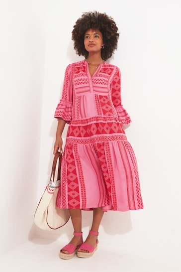 Joe Browns Pink Oversized Boho Style Textured Long Sleeve Midi Dress