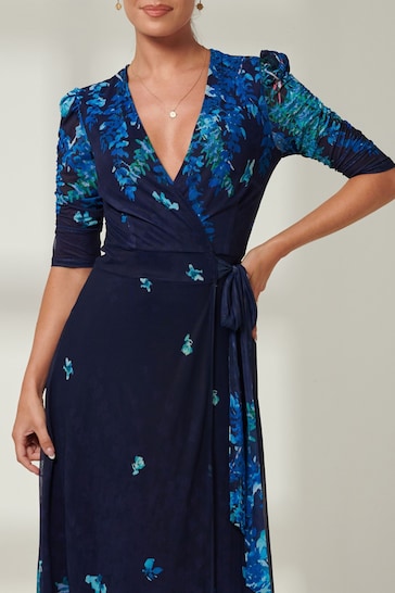 Jolie Moi Blue Kinley Print Wrap Mesh Maxi Dress