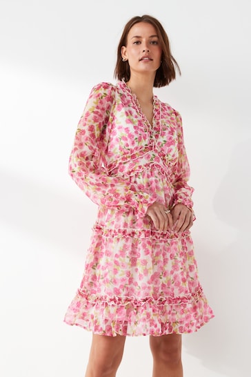 VERO MODA Pink Floral V-Neck Ruffle Tiered Mini Dress