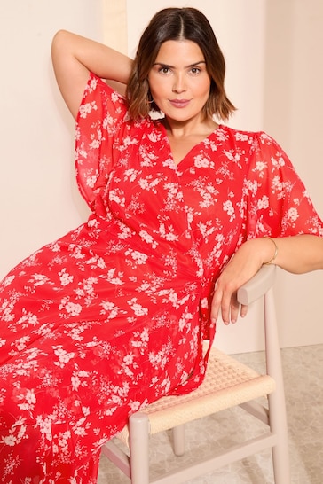 Curves Like These Red Chiffon Mix Flutter Sleeve Wrap Midi Dress
