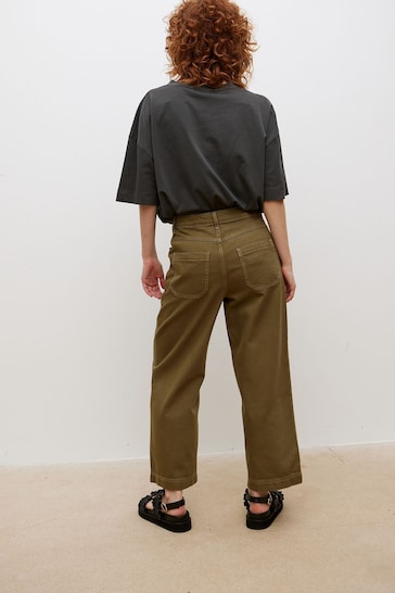 Oliver Bonas Khaki Green Scalloped Pocket Wide Leg Cropped Jeans