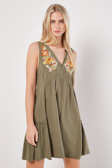Apricot Brown Embroidered Blooms Swing Mini Dress