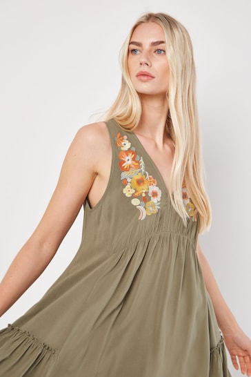 Apricot Brown Embroidered Blooms Swing Mini Dress