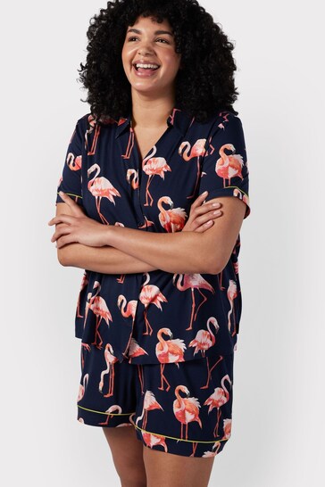 Chelsea Peers Blue Curve Flamingo Print Short Pyjama Set