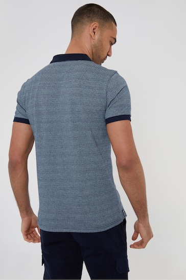 Threadbare Blue Geometric Print Zip Collar Cotton Jersey Polo Shirt