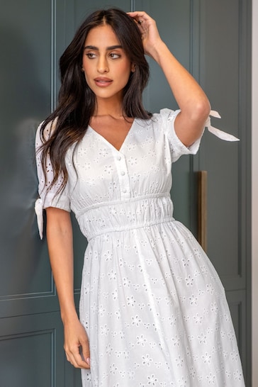 Pour Moi White Amanda Fuller Bust Cotton Broderie Tiered Midaxi Dress