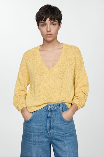 Mango Yellow Fine Knit V-Neck Sweater