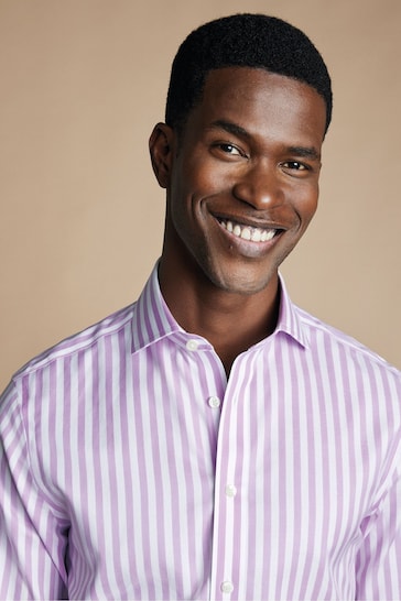 Charles Tyrwhitt Purple Slim Fit Cutaway Collar Noniron Wide Stripe Shirt