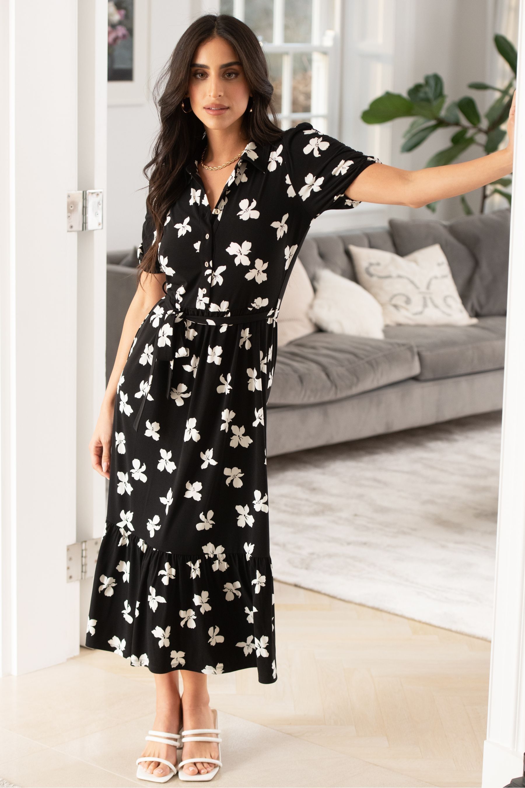 Pour Moi Black White Jodie Fuller Bust Slinky Jersey Tiered Midi Shirt Dress