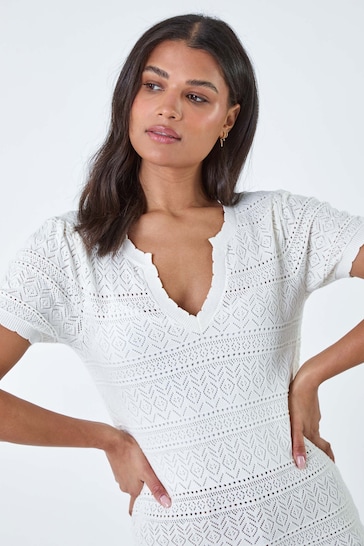 Roman White Pointelle Stretch Knit T-Shirt