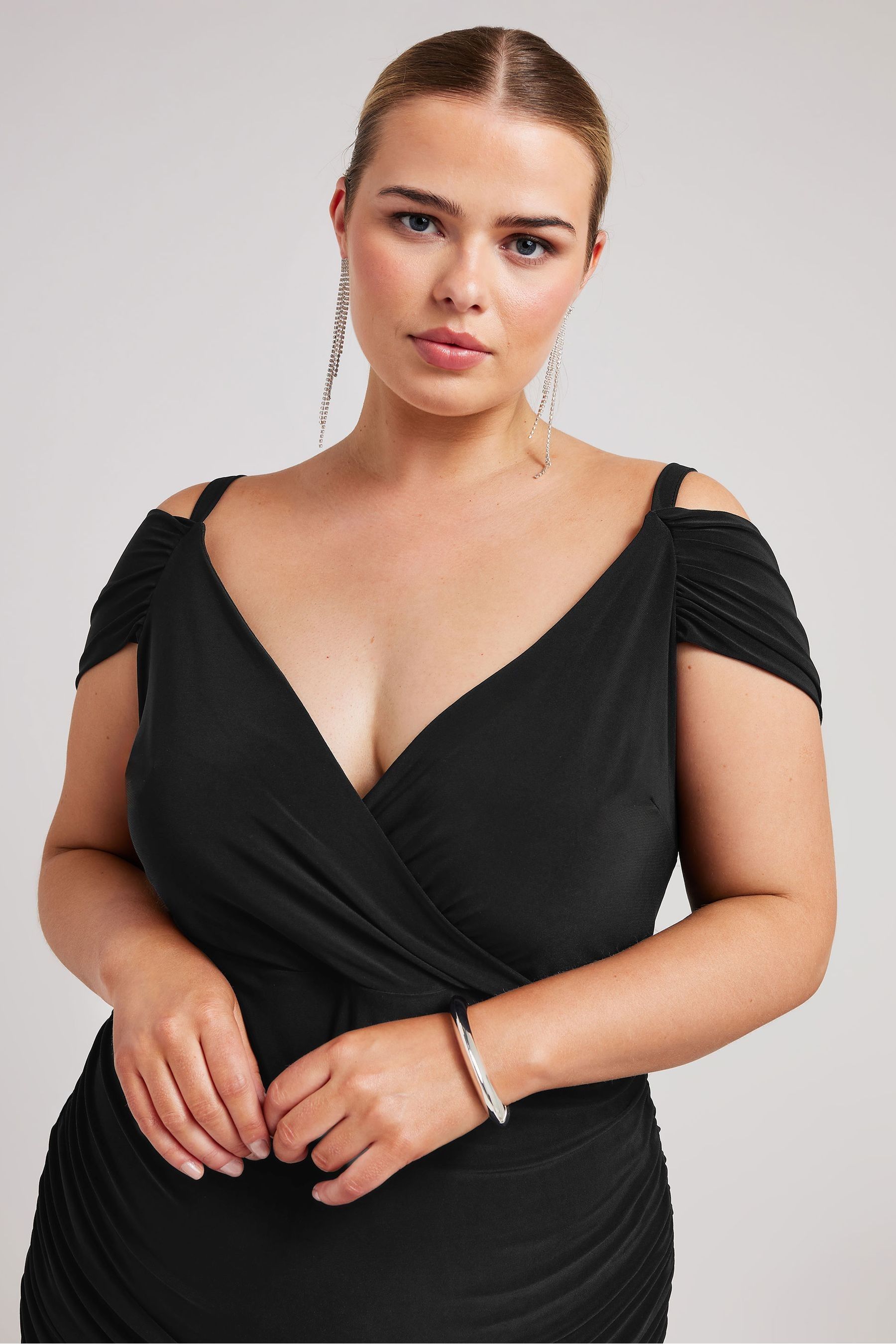 Yours Curve Black Cold Shoulder Wrap Ruched Dress