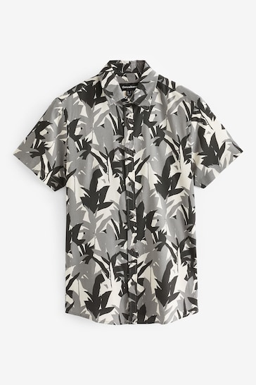 Threadbare Grey Cotton Tropical Print Short Sleeve Shirt