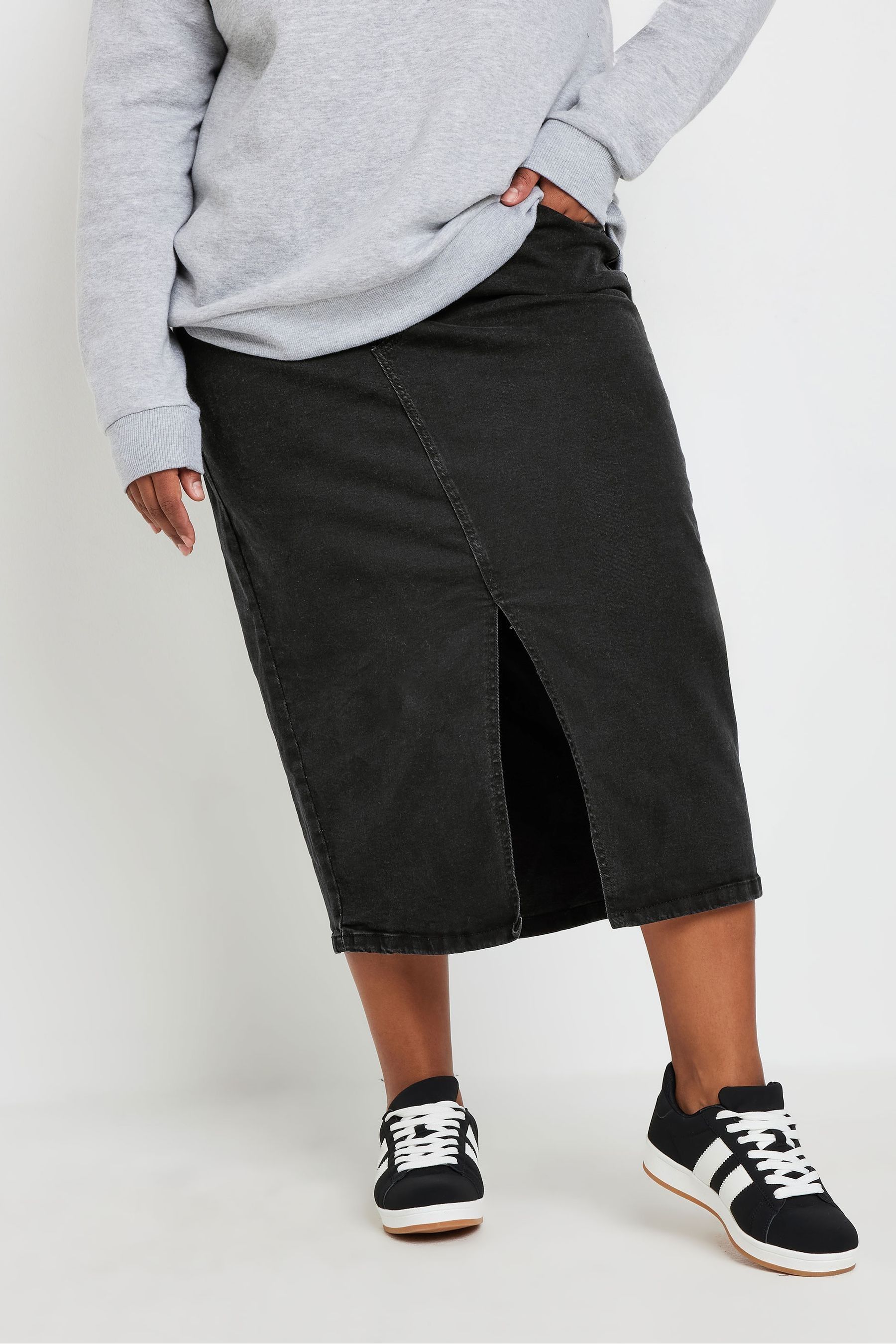 Yours Curve Black Midi Denim Skirt