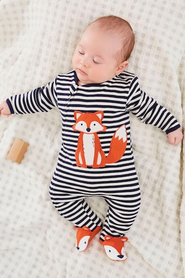 JoJo Maman Bébé Navy Ecru Stripe Fox Baby Personalised Appliqué Zip Cotton Sleepsuit