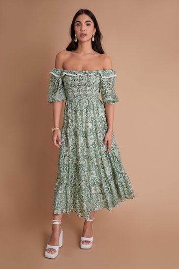 Another Sunday Green Bardot Milkmaid Lace Trim Detail Midi Tiered Dress