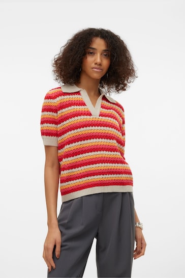 VERO MODA Red Stripe Crochet Knitted V-Neck Polo Top