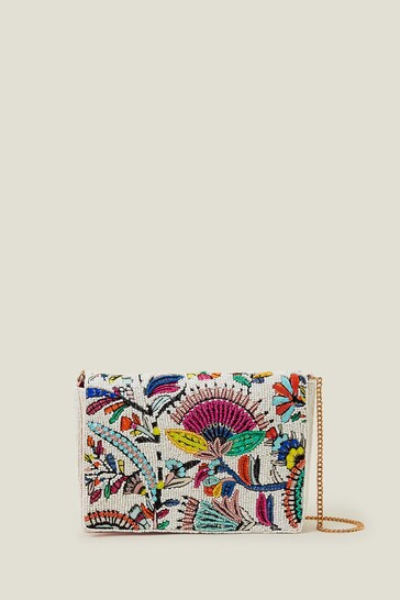 Accessorize Deep Floral Beaded Clutch White Bag