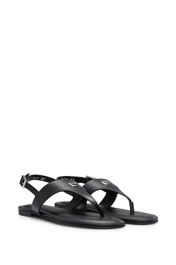 BOSS Black Toe Post Sandals In Nappa Leather With Buckled Strap