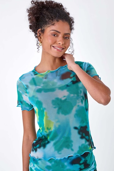 Dusk Blue Abstract Print Stretch Mesh Top