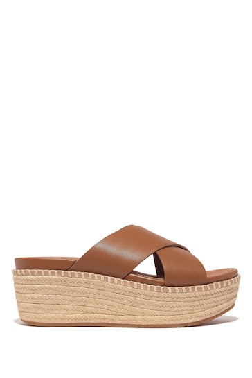 FitFlop Eloise Espadrille Leather Wedge Cross Brown Slides