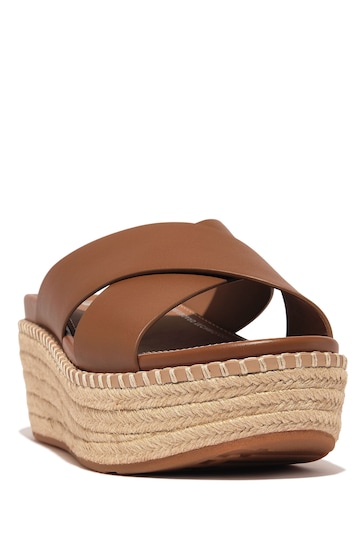 FitFlop Eloise Espadrille Leather Wedge Cross Brown Slides