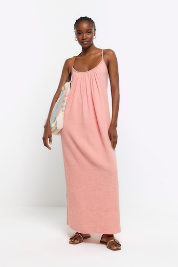River Island Pink Textured Slip Midi Dress