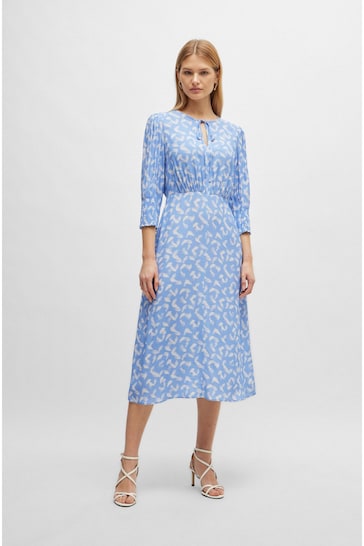 BOSS Blue Tie-Neck Dress With Cropped Sleeves