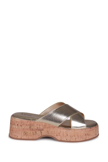 Linzi Gold Maura Faux Leather Cork Platform Sliders With Crossover Front Strap