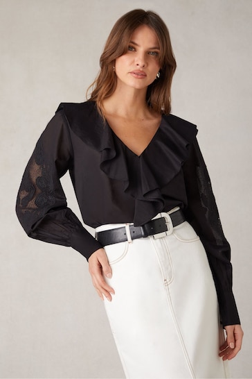 Ro&Zo Embroidered Mesh Sleeve Black Blouse
