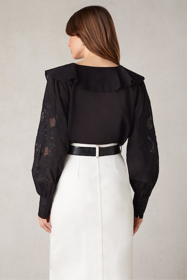 Ro&Zo Embroidered Mesh Sleeve Black Blouse