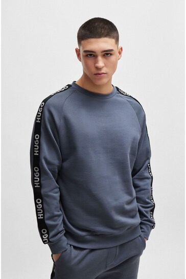 HUGO Blue Cotton-Terry Sweatshirt With Logo Tape and Ribbed Cuffs