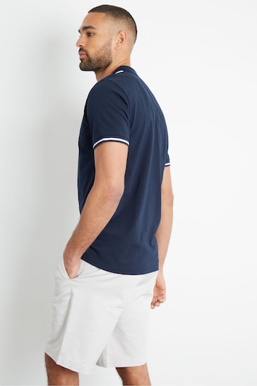 Threadbare Navy Tipping Detail Zip Neck Cotton Jersey Polo Shirt