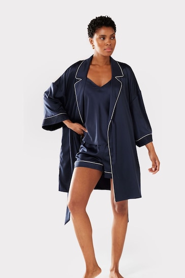 Chelsea Peers Blue Satin Lace Trim Dressing Gown