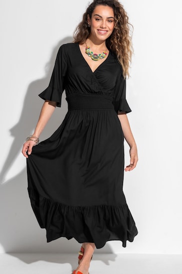 Pour Moi Black Carmen Fuller Bust LENZING™ ECOVERO™ Viscose Elasticated Neckline Midaxi Dress