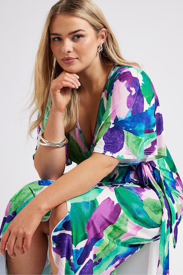 Yours Curve Green Abstract Floral Print Wrap Dress
