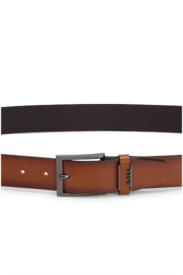 BOSS Brown Italian-Leather Belt With Logo Keeper
