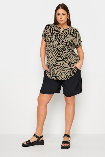 Yours Curve Brown Abstract Print Textured Notch Neck Top